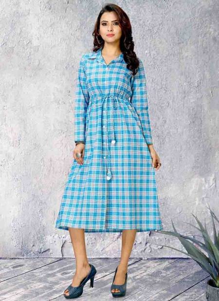 Sky Blue Style Roof CHECKS DELIGHT Fancy Ethnic Party Wear Pure Cotton Printed Latest Kurtis Collection CD-07